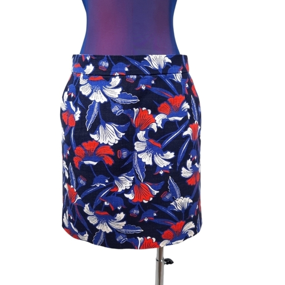 J. Crew Twill Floral Short Pencil Skirt Red White & Blue‎ Size 0 Women's - Picture 1 of 10